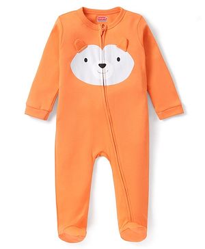 Babyhug Interlock Full Sleeves Sleepsuit Bear Face Print with Pop Up Ears - Orange