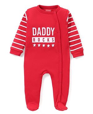 Babyhug Interlock Knit Full Sleeves Sleep Suit Striped & Text Print - Red