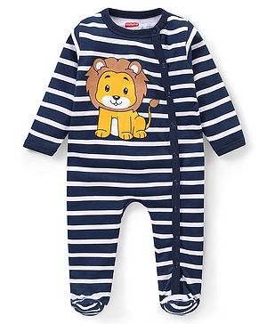 Babyhug Interlock Knit Full Sleeves Sleep Striped & Lion Print - Navy Blue