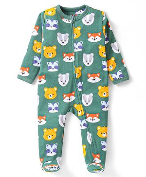 Babyhug Interlock Full Sleeves Sleepsuit with Wild Animals Print - Green