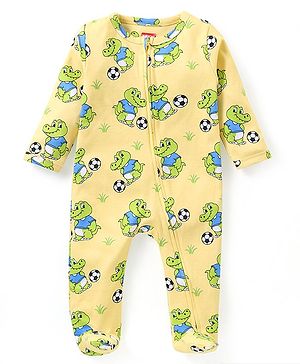 Babyhug Interlock Knit Full Sleeves Sleepsuit with Dino Print - Yellow