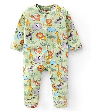 Babyhug Cotton Knit Full Sleeves Footed Night Suit with Wild  Animals Print - Green