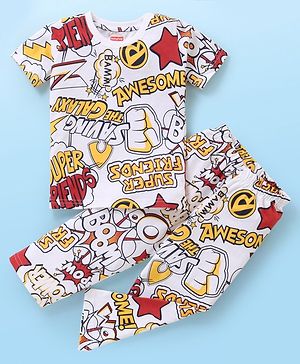 Babyhug Single Jersey Half Sleeves Night Suit Comics Print - White
