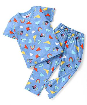 Babyhug Single Jersey Half Sleeves Night Suit Dino & Car Print - Blue