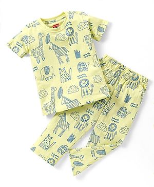 Babyhug Cotton Knit Half Sleeves Lion Printed Night Suit - Green