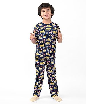 Babyhug Single Jersey Half Sleeves Night Suit Construction Vehicles Print - Navy