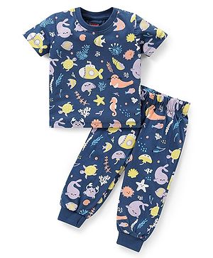Babyhug Single Jersey Knit  Half Sleeves Night Suit with Sea Life Theme Print - Navy Blue