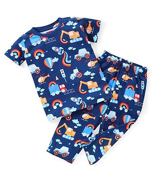 Babyhug Single Jersey Knit Half Sleeves Night Suit Vehicle Print - Navy Blue