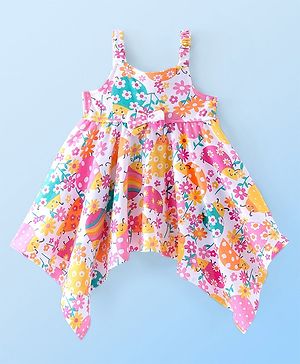 Babyhug Cotton Jersey Singlet Asymmetrical Frock with Bow Floral Print - White