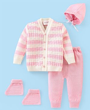 Babyhug Knitted Full Sleeves Striped Baby Sweater Set with Cap & Booties - White & Pink