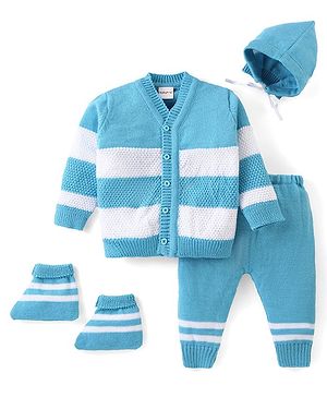 Babyhug Knitted Full Sleeves Striped Sweater Set with Cap & Booties - Blue