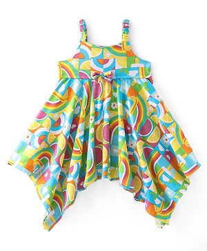 Babyhug Cotton Jersey Singlet Asymmetrical Frock with Bow Rainbow Print - Multicolor
