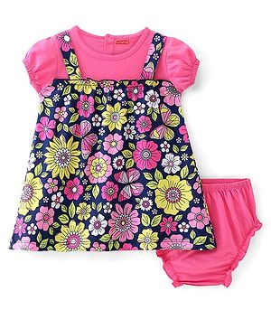 Babyhug Cotton Jersey Knit Half Sleeves Frock with Bloomer Floral Print - Pink