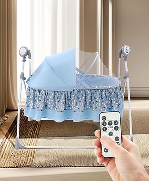 Babyhug Beryl Electronic Auto Swing Cradle with Remote Control - Blue| Pre-loaded Music| Off Timer| Removable Mosquito Net| Battery & DC Operation| Remote Control| Soft Mattress with Pillow| Safety Harness| 5 Swing Speed