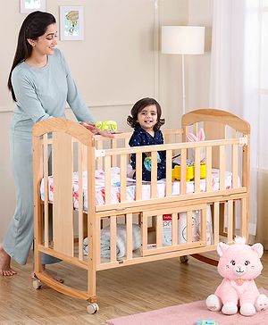 Babyhug Florence 3 in 1 Rocking Cot Cum Junior Bed  Natural Finish| Solid Pinewood| Adjustable Height| Storage Space| Foldable Side Rail| Teething Rails| Wheels with Lock| Convert to Study Table| Mosquito Net
