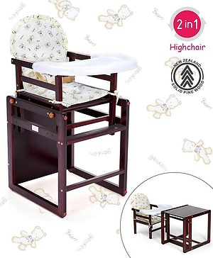 Babyhug Verona 2 In 1 Wooden High Chair With Removable Cushioned Seat & 2 Point Safety Harness - Dark Brown