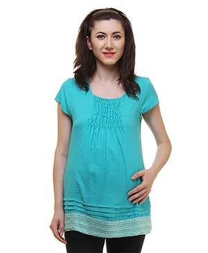 Preggear Short Sleeves Maternity Top Lace Border - Turquoise Blue