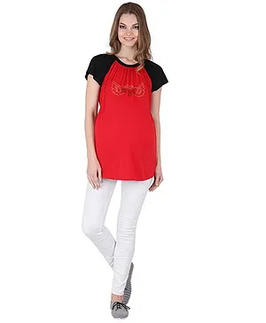 Preggear Short Sleeves Jersey Top With Rhinestone Embellishments - Red