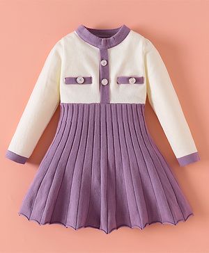 Kookie Kids Full Sleeves Pleated Winter Frock with Button Detailing - Purple