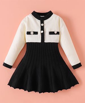 Kookie Kids Full Sleeves Pleated Winter Frock with Button Detailing - Black