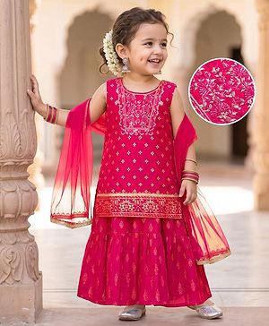 Babyhug Woven Three Forth Sleeves Floral Embroidered & Foil Printed Kurti & Ethnic Dress With Dupatta - Fuchsia