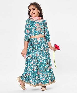 Babyhug Cotton Woven Full Sleeves Choli & Lehenga Set with Dupatta Floral Embroidery & Golden Lace Detailing - Teal Blue