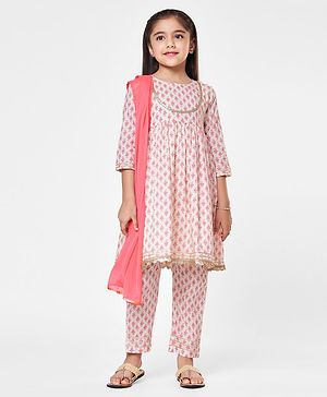 Babyhug Cambric Three Fourth Sleeves Kurti Palazzo and Dupatta Set Floral Paisley Print - Pink