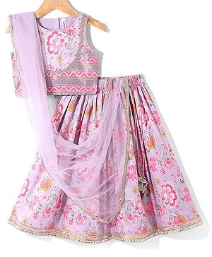Babyhug Woven Sleeveless Choli  Lehenga and Dupatta Set Floral Print - Lavender