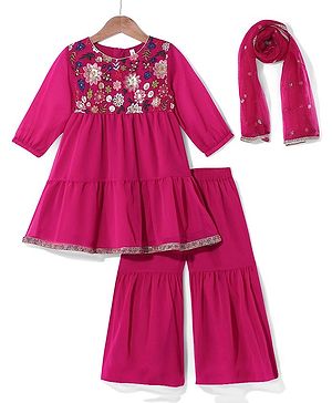 Babyhug Georgett Three Fourth Sleeves Floral Embroidered & Sequin Kurti and Palazzo Set with Dupatta - Hot Pink