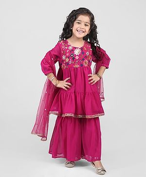 Babyhug Georgett Three Fourth Sleeves Floral Embroidered & Sequin Kurti and Palazzo Set with Dupatta - Hot Pink