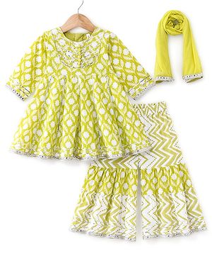 Babyhug Cotton Woven Three Fourth Sleeves Kurta Sharara Set with Dupatta Floral Print- Green