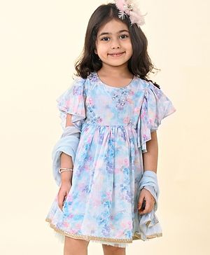 Babyhug Chiffon Woven Short Sleeves Ethnic Dress With Dupatta   Floral Print - Blue