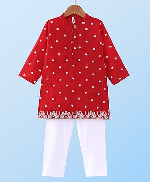 Babyhug Georgette Woven Full Sleeves Floral Embroidered Kurta & Pyjama Set - Red