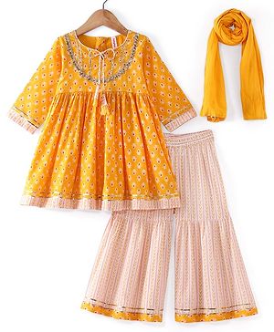 Babyhug Woven Three Fourth Sleeve Cambric Printed Kurti Palazzo and Dupatta Set - Yellow