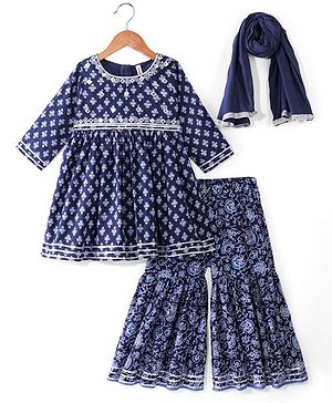 Babyhug Cambric Three Fourth Sleeves Kurti Sharara & Dupatta Set Floral Print with Embroidery Detailing - Indigo