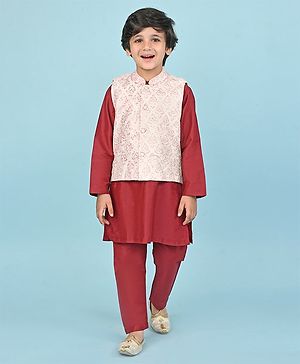 Babyhug 100% Cotton Woven Full Sleeves Cambric Kurta Pyjama Set With Mirror Embroided Jacket  -Red