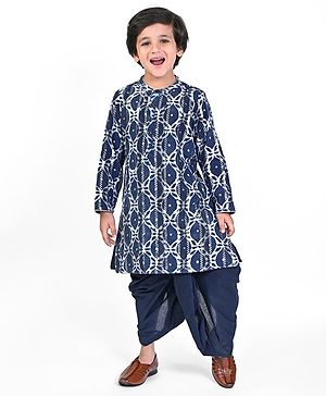 Babyhug Full Sleeves Lurex Printed Kurta Dhoti Set - Navy Blue