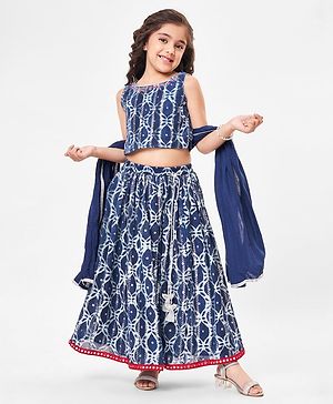 Babyhug Woven Sleeveless Lurex Printed Choli & Aari Mirror Embroidery Lehenga Set with Dupatta - Navy Blue