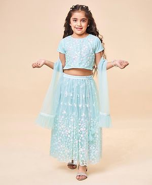 Babyhug Short Sleeves Net Sequenced Embroidered Choli Lehenga and Dupatta Set - Blue