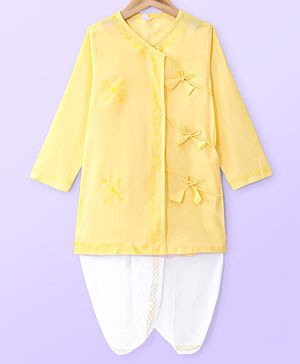 Babyhug Cotton Woven Floral Embroidered Angarakha Full Sleeves Kurta & Dhoti Set - Yellow