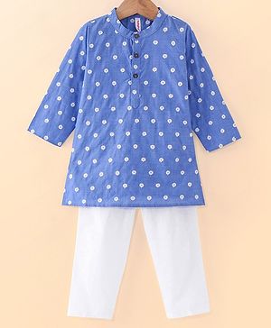Babyhug Cambric Full Sleeves Embroiderd Kurta Pyjama Set - Blue