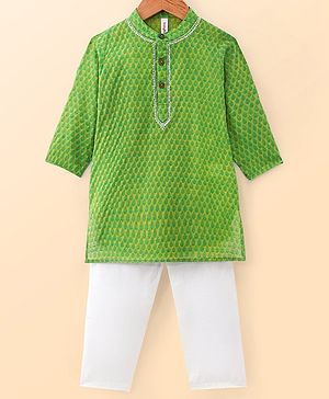 Babyhug Cotton Woven Cambric Full Sleeves Dobby Embroiderd Kurta Pyjama Set - Green