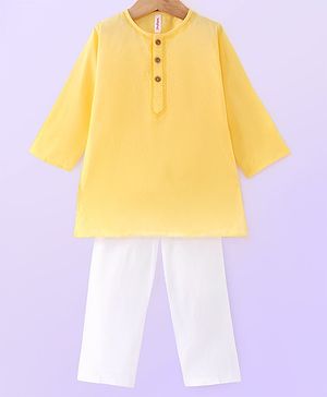 Babyhug Cotton Woven Cambric Full Sleeves Dobby Embroiderd Kurta Pyjama Set - Yellow