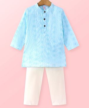 Babyhug Cambric Full Sleeves Schiffli Embroiderd Kurta Pyjama Set - Blue