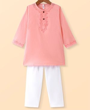 Babyhug Cotton Cambric Full Sleeves Embroidered Kurta Pyjama Set - Peach