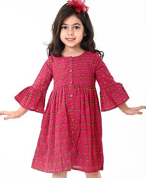 Babyhug 100% Cotton Woven Three Fourth Sleeves Ethnic Dress With Floral Print - Fuschia