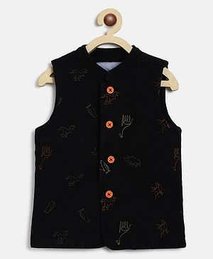 Tales & Stories Cotton Sleeveless Animals Thread Work Detailed Waistcoat - Black