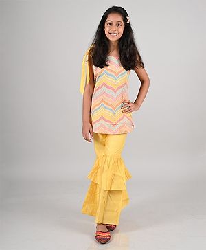 Tales & Stories Sleeveless Foil Printed Kurta with Sharara - Yellow