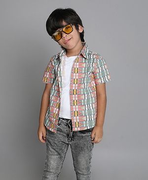 Taffykids Half Sleeves Geometric Printed Shirt With Attached Tee -  White & Multi Colour