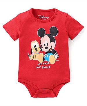 Babyhug Disney Interlock Knit Half Sleeves Onesies with Mickey Mouse Graphics - Red